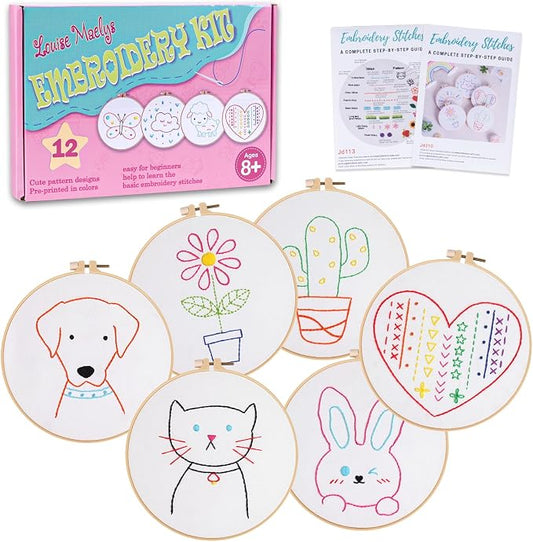 Louise Maelys 12 Pre-Stamped Embroidery Kits for Beginners, Cross Stitch for Kids Girls,DIY Needlepoint Craft Sewing,Practice Kit Supplies,Funny Cute Pattern,Perfect for Ages 8+