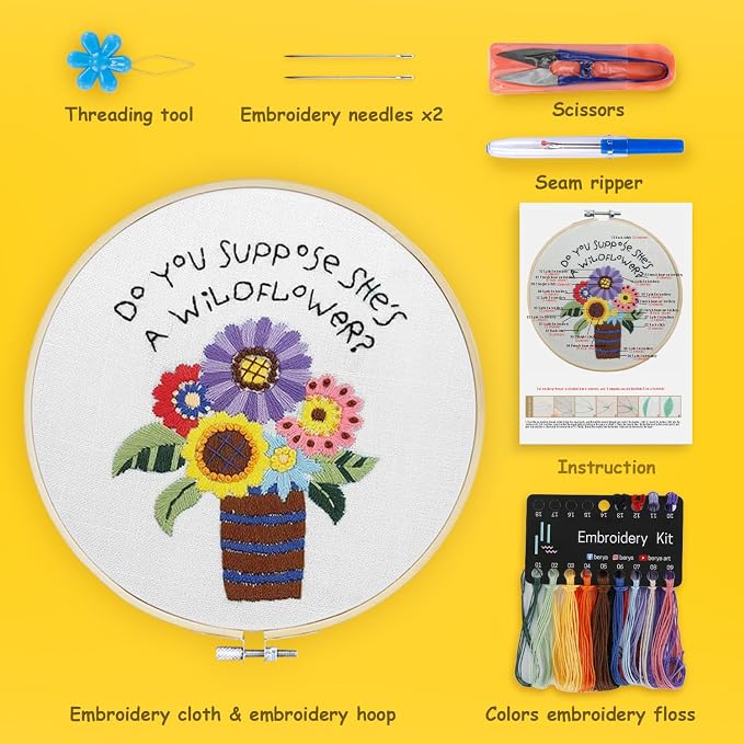 BERYA Flowers Embroidery Kit Including Video Step by Step Instructions,Embroidery Hoop,Color Threads and Embroidery Scissors for Beginners-Handmade Needlepoint Kits for Adults