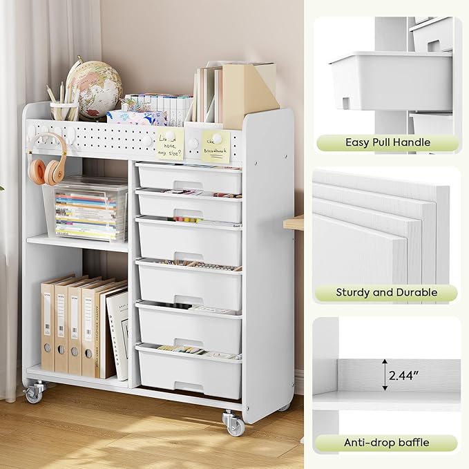 Rolling Craft Cart with 6 Drawers, Pegboard and Locking Wheels White