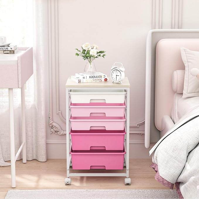 SYKIARIOL Utility Cart with Drawers,5 Drawers Storage Cart,Rose Pink | 5-Tiers Drawer Cart with Wooden Top with Lockable Wheels for Craft Organizers and Storage,Home Office,Classroom,Dorm,Playroom
