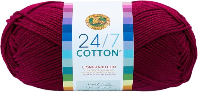 Lion Brand Yarn, 24/7 Cotton Yarn, Magenta, Burgundy Red, 1 Pack