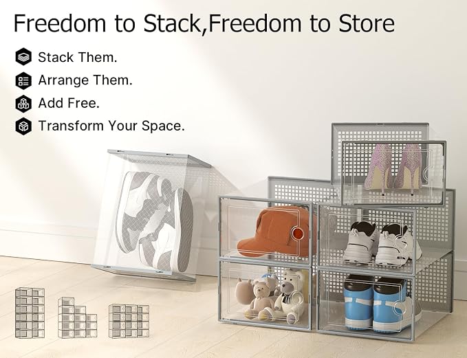 Kuject XX-Large Shoe Storage Boxes 12 Pack, Clear Stackable Shoe Organizer