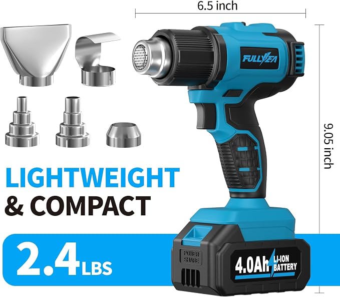 FULLYEA Cordless Heat Gun, Max 1022℉, Portable Kit with 2x4.0Ah Batteries