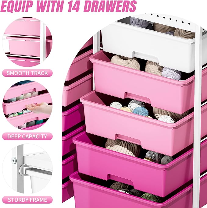 14 Drawer Rolling Storage Cart with Tabletop and Pegboard for Crafts Pink | Easy Setup, Large Capacity, Sturdy Build, Smooth Mobility, For classroom, office and dorm supplies