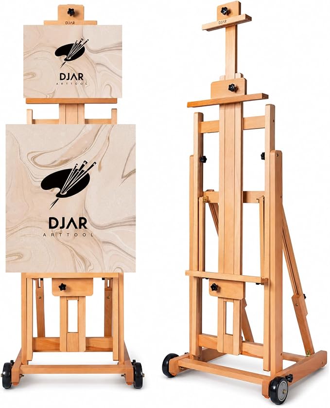 DJAR Large H-Frame Painting Easel for Adults, Solid Beech Wood, Natural | Movable & Tilting Flat Floor Stand, Holds Canvases up to 78", Adjustable Heavy Duty Studio Art Easel for Artists