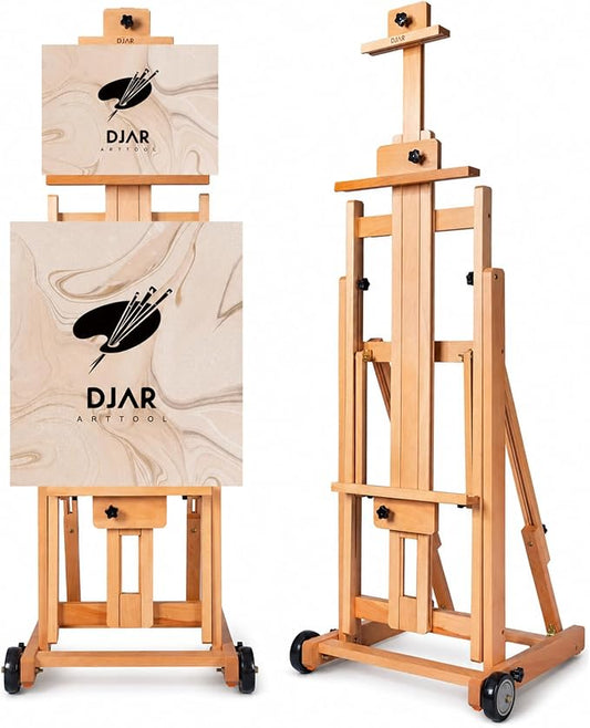 DJAR Large H-Frame Painting Easel for Adults, Solid Beech Wood, Natural | Movable & Tilting Flat Floor Stand, Holds Canvases up to 78", Adjustable Heavy Duty Studio Art Easel for Artists