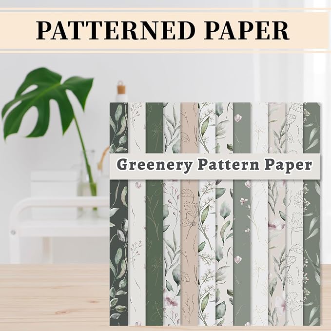 JarThenaAMCS 24 Sheet Greenery Pattern Paper Green Eucalyptus Leaves Scrapbook Specialty Paper Double Sided Craft Papers for DIY Card Making Photo Album Journal Decor, 6 x 6 Inch
