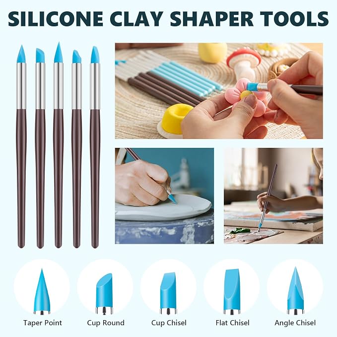 UUSYCUN 10PCS Silicone Clay Sculpting Tool, 2-Way Clay Shaper & Sculpter Brushes Tools for Modeling, Dotting, Polymer Clay, Pottery Crafts, Nail Art, Rock, Blending, Drawing, Air Dry Clay, Ceramics