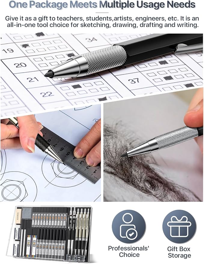 STAGEEK 37PCS Mechanical Pencil Set with Case, 0.3, 0.5, 0.7, 0.9 ＆2PCS 2mm | Drawing Pencils with 492PCS Lead Refills (6B 4B 2B HB 2H 4H Color), Erasers, Sharpeners, Artist Pencil for Sketching Drafting