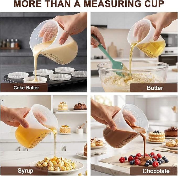 Palksky Silicone Measuring Cups Set (1-Cup & 2-Cup & 4-Cup) with Jar Spatula, Microwave Safe, Honeycomb Heat-Control Grip, Easy-Read Liquid Measuring for Baking, Cooking & Chocolate Melting