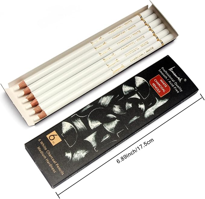 Brusarth White Charcoal Pencils Drawing Set, Professional 6-Piece Sketch, Highlight, Shading, Blending Set for Beginners & Artists