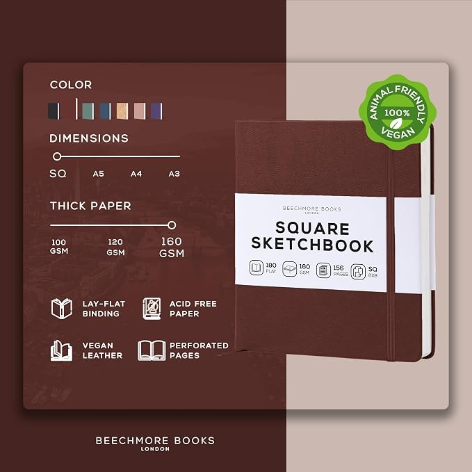 Beechmore Books 8x8 Square Mixed Media Sketchbook 160 GSM/98lb, Gift Box | Vegan Leather Hardcover Art Journal with Lay-Flat Binding, Perforated Ivory Pages for Drawing & Doodling