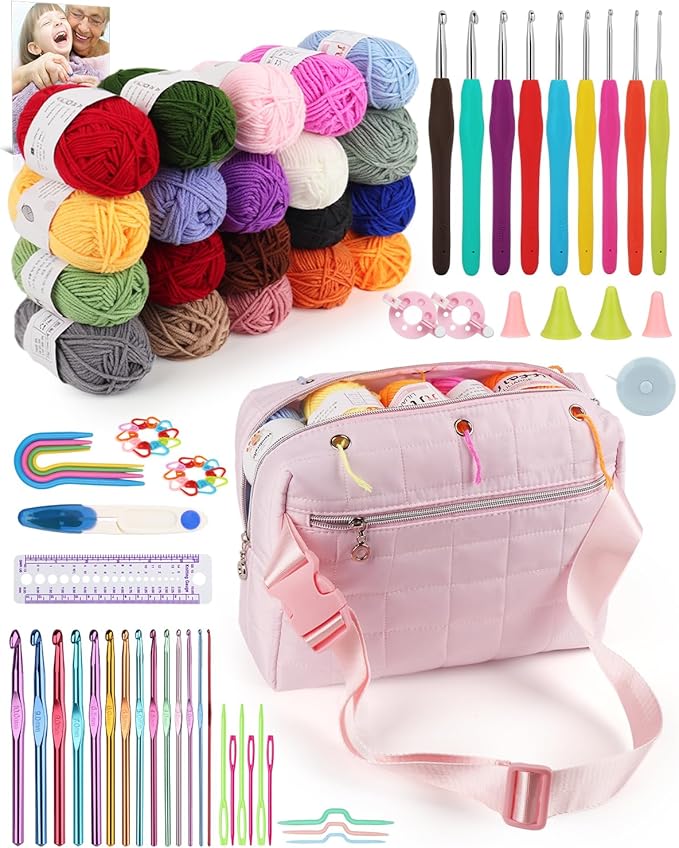 Aeelike Crochet Kit for Beginners Adults, Complete Yarn Kit, Pink | 87 PCS Crochet Kits for Beginners All-inclusive Crochet Set with Yarns Hooks Step-By-Step Instruction Storage Bag, Ideal Gift