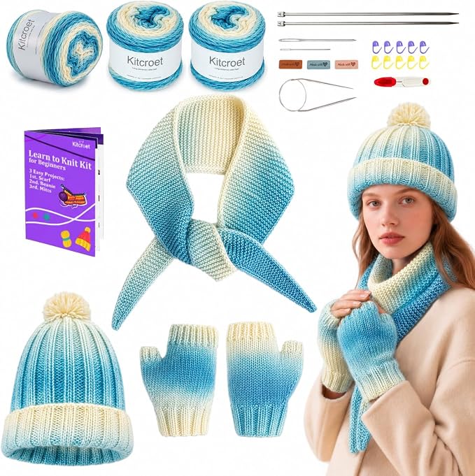 Knitting Kit for Beginners, Complete Starter Kit for Scarf, Hat, Gloves | Kitcroet Knitting Kit Video Tutorials & Written Guide; 2 Types of Needles & Knitting Accessories; 25% Extra Yarn Included