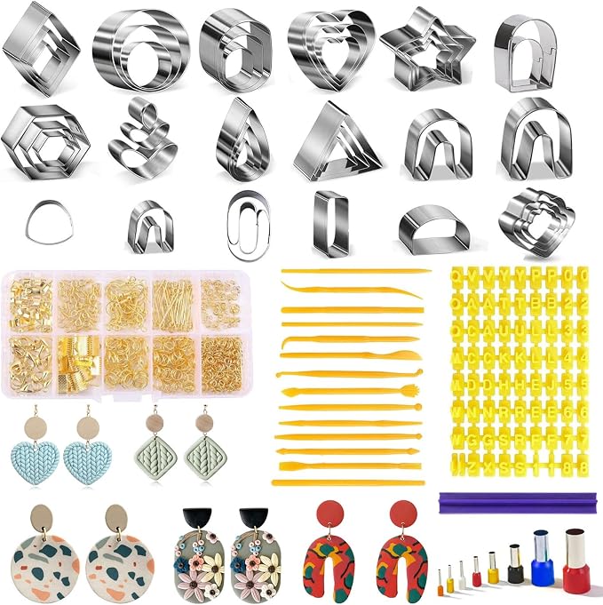 Fesorsi 772 Pcs Clay Earring Making Kit, 39 Polymer Clay Molds Stainless Steel, Polymer Clay Tools with 8 Circle Cutters, 1 Clay Letter Stamps and 710 Pcs Earring Accessories for DIY Jewelry