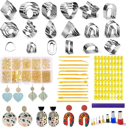 Fesorsi 772 Pcs Clay Earring Making Kit, 39 Polymer Clay Molds Stainless Steel, Polymer Clay Tools with 8 Circle Cutters, 1 Clay Letter Stamps and 710 Pcs Earring Accessories for DIY Jewelry