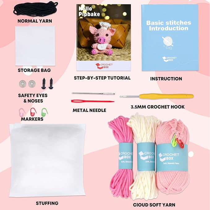 CrochetBox Crochet Kit for Beginner, Pig Easy Learn How to Crochet Stuffed Animals Gift for Adults and Teen(), Knitting Set with Yarn Hook Stitch-by-Stitch Video Tutorial(30%+ Yarn)