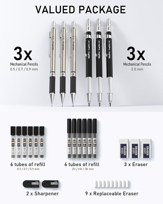 Nicpro 6PCS Art Mechanical Pencil Set | 3PCS Metal Drafting Pencil 0.5 mm & 0.7 mm & 0.9 mm & 3PCS 2mm Graphite Lead Holder (2B HB 2H) For Writing, Sketching Drawing