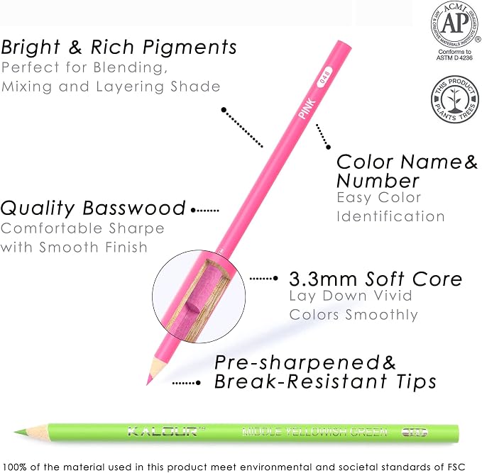 KALOUR 180 Colored Pencil Set for Adults Artists - Rich Pigment Soft Core -12 Metallic Pencil - Ideal for Coloring Drawing Sketching Shading Blending - Vibrant Color（Tin Case）