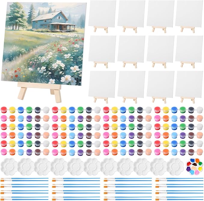Qilery 12 Set Canvas Painting Kit, Mini Canvas with Wooden Easels Acrylic Paints Strips, Brushes, Palette, Art Set for Acrylic Oil Watercolor Adults Birthday Party Favors(8 x 8 Inch)