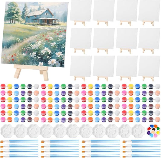 Qilery 12 Set Canvas Painting Kit, Mini Canvas with Wooden Easels Acrylic Paints Strips, Brushes, Palette, Art Set for Acrylic Oil Watercolor Adults Birthday Party Favors(8 x 8 Inch)