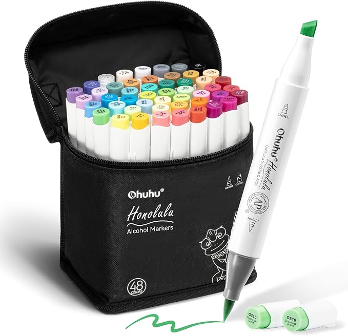 Ohuhu Alcohol Markers 48 Colors Brush& Chisel for Adults Cozy Coloring | Refillable AP Certified Art Marker Set for Artists Beginner Drawing Illustration Sketching, Dual Tips Alcohol-based, Honolulu