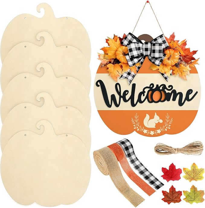 Whaline 5 Pcs Fall Pumpkin Unfinished Wood Cutout with 80 Pcs Fake Maple Leaves Ribbons 12 x 0.1 Inch Autumn Pumpkin Wooden Slices with Hemp Rope for Thanksgiving Halloween DIY Crafts Home Decor
