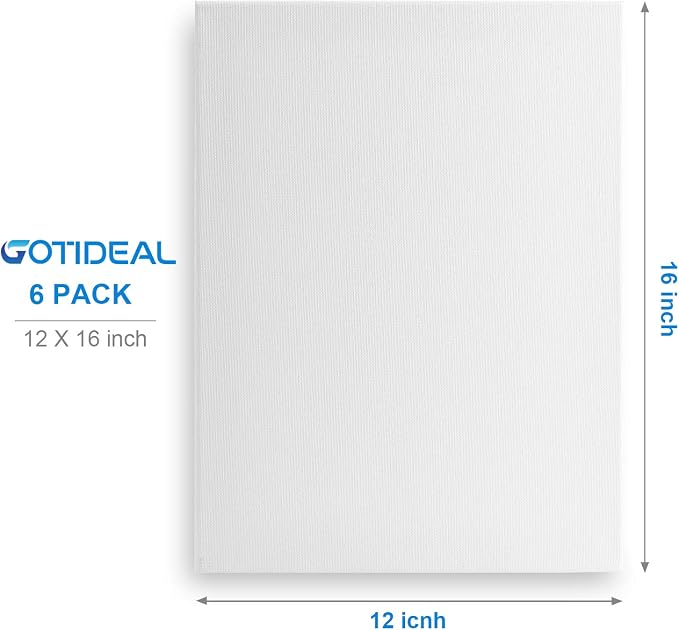 GOTIDEAL Canvases for Painting, 12x16 inch of 6 Pack, 100% Cotton | Professional Primed White Blank Flat Canvas Panels, Artist Canvas Boards for Acrylics Painting, Oil Watercolor Tempera