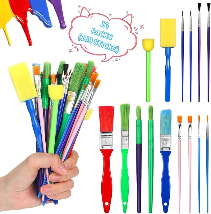 Lincia 150pcs All Purpose Paint Brush Set Bulk for Acrylic and Washable Paints, Easy to Clean and Hold, Round and Flat Kids Brushes, Great with Watercolors