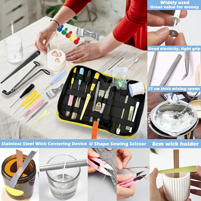 31PCS Wick Kits for Candle Making Wicks Inserting Nursing with Storage Bag Large Hole Needles for Silicone Candle Mold Hook Eye Punch Needle,7in Wicks Trimmer & Dipper,Wick Roll 200 Ft ect