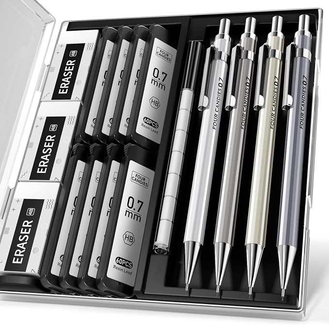 Mechanical Pencil Set, 0.7mm 4-Pack with Case, Metal Body, Medium Point