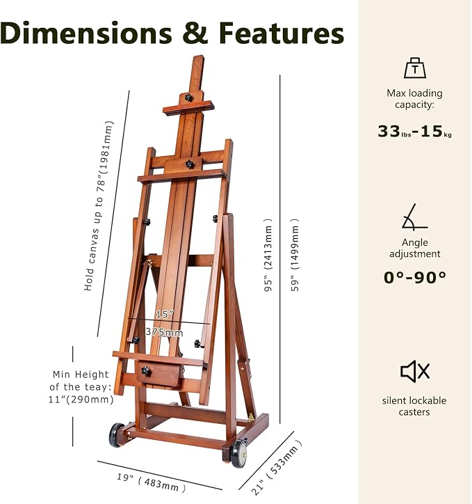 DJAR Large H-Frame Painting Easel for Adults, Solid Beech Wood, Walnut | Movable & Tilting Flat Floor Stand, Holds Canvases up to 78", Adjustable Heavy Duty Studio Art Easel for Artists
