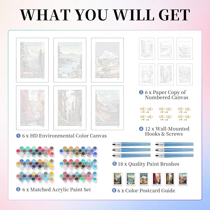 6 Pack Paint by Numbers Kit for Adults, National Parks Canvas Painting Set | 8x12 Inch, DIY Acrylic Painting Craft Kit for Beginners without Frame, Relaxing Creative Hobby, Home Wall Decor, Gift