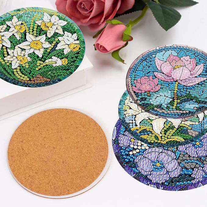 Diamond Art Coasters Kits, 8 Pcs Flowers Diamond Painting Coasters Kits