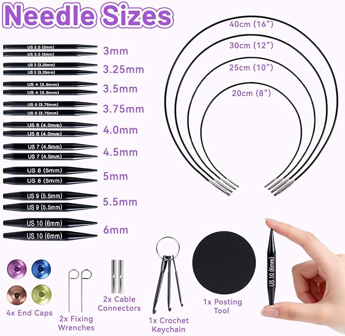Reessy Short Interchangeable Circular Knitting Needles Set – 2” Aluminum Tips (3.0–6.0mm), 20–40cm Cables – Interchangeable Shortie Needles for Socks, Sleeves & Small Projects