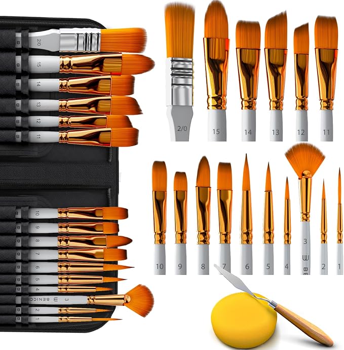 Acrylic Paint Brush Set of 16, Artist Paint Brushes for Acrylic Painting | Organizing Case, Spatula Palette Knife and Sponge Included, Ready for Watercolor and Oil, for Adults and for Beginners