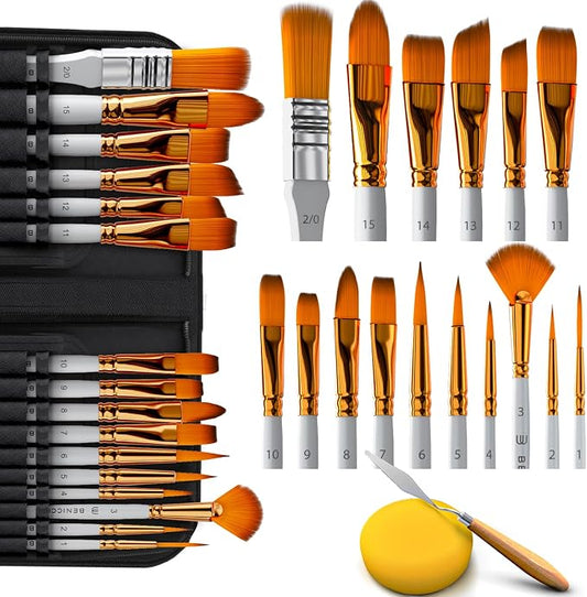 Acrylic Paint Brush Set of 16, Artist Paint Brushes for Acrylic Painting | Organizing Case, Spatula Palette Knife and Sponge Included, Ready for Watercolor and Oil, for Adults and for Beginners