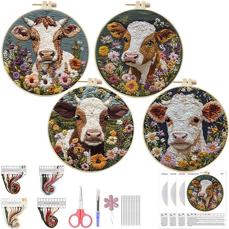 LB 4 Pack Farmhouse Cow Embroidery Kit for Beginners Rustic Floral Plant Beginner Embroidery Kit for Adults DIY Starter Kit with Embroidery Hoop Colorful Threads Tools and Instructions