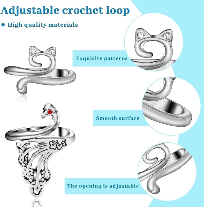 8 Pcs Crochet Ring, Adjustable Crochet Ring for Finger, Tension Rings | FOUSNOW Cat Yarn Guide Yarn Knitting Thimble, Faster Knitting Crocheting Accessories for Mother Grandma