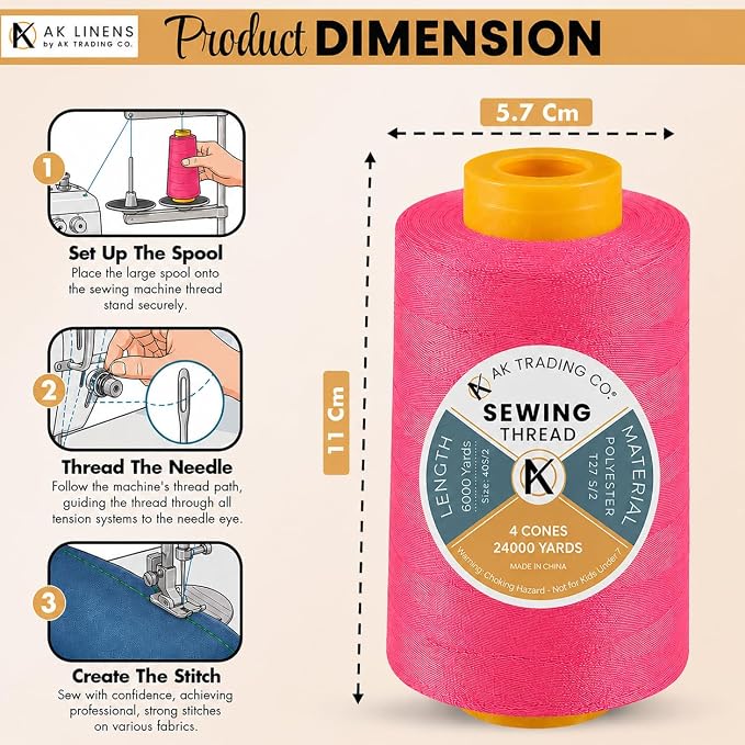 AK Trading 4-Pack Fuchsia All Purpose Sewing Thread Cones (6000 Yards Each) of High Tensile Polyester Thread Spools for Sewing, Quilting, Serger Machines,Overlock, Merrow & Hand Embroidery.