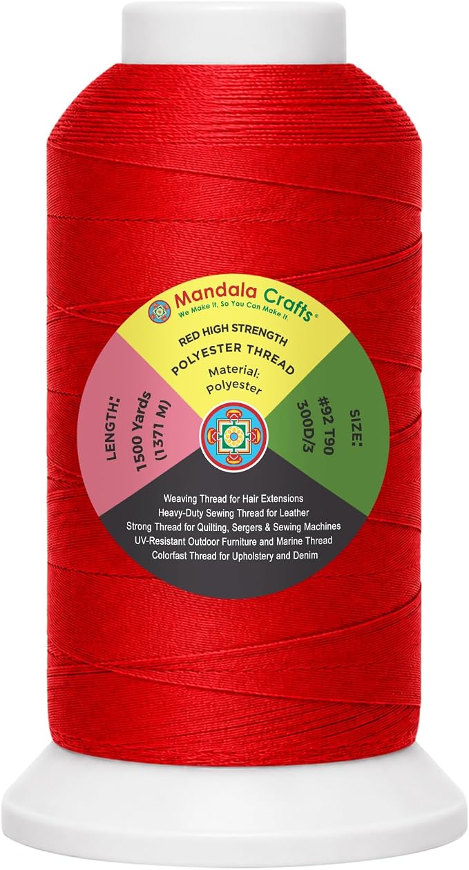 Mandala Crafts Red Tex 90 Polyester Heavy Duty Thread for Upholstery | 1500 Yds T90 UV Resistant Strong Thread for Leather Sewing, Marine, Drapery, Jeans, Hair Weaving & Extension, Outdoor
