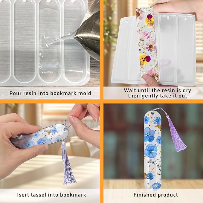 Bookmarks Silicone Mold for DIY Epoxy Resin Casting Crafts Making Supplies | Set of 3 Small Medium Rectangle Bookmark Resin Mold Kit with 20 Pcs Tassels