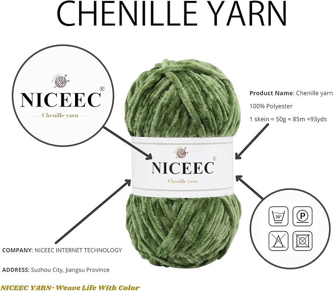 NICEEC 3 Skeins Soft Chenille Yarn 3 x85m (3X 93yds, 3X 50g)_Army Green