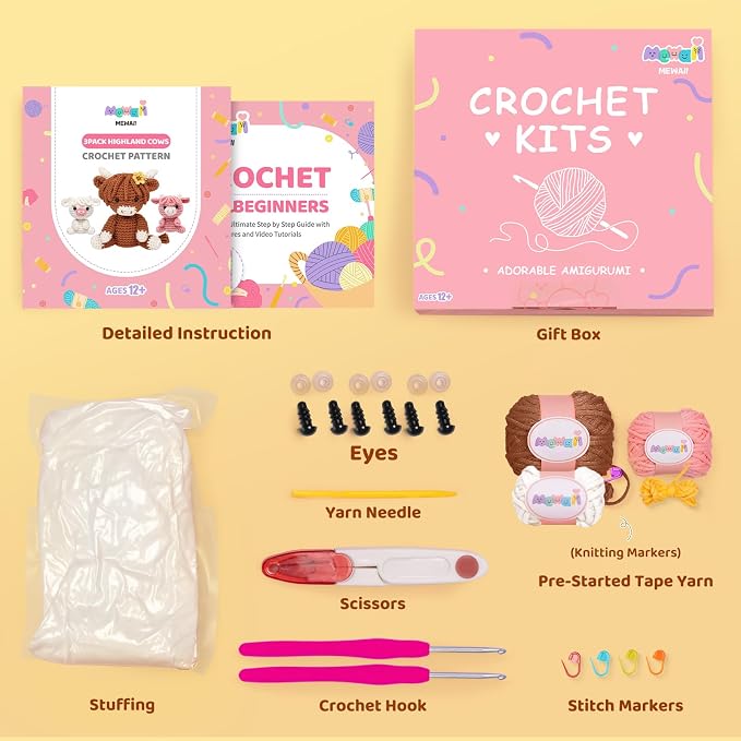 Mewaii Crochet Kit for Beginners, 3 Pack Highland Cows Craft Set | 40% Extra Yarn, Video Tutorial, Pre-Started Piece, Beginner Friendly, Family Craft Gift for Adults & Kids