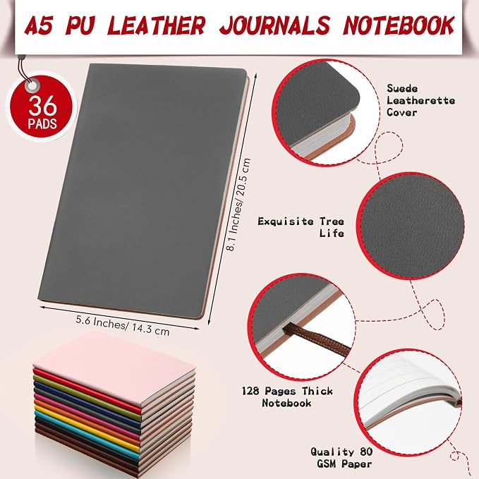 PerKoop 36 Pcs A5 PU Leather Notebooks for Back to School,Bright Color