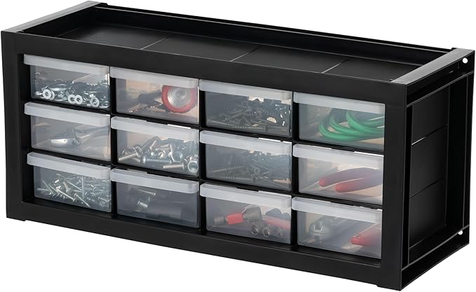 IRIS USA 12-Drawer Desk Storage Organizer, Charms, Water Packets, Black | Wall mountable, Stackable, Craft Supplies, Building Bricks, Crayons, Beads Organizer