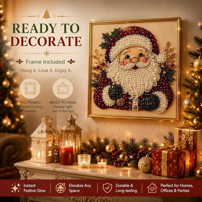 DIY Christmas Pearl Diamond Art Painting Art Kit with Frame, Cute 3D Christmas Pearl Beads Art Craft for Adults Beginner, Holiday Christmas Wall Decor, Healing Stress-Relieving