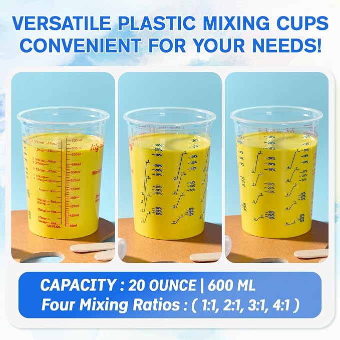 50 Pack Plastic Mixing Cups, 20 oz Measuring Cups with 50 Mixing Sticks