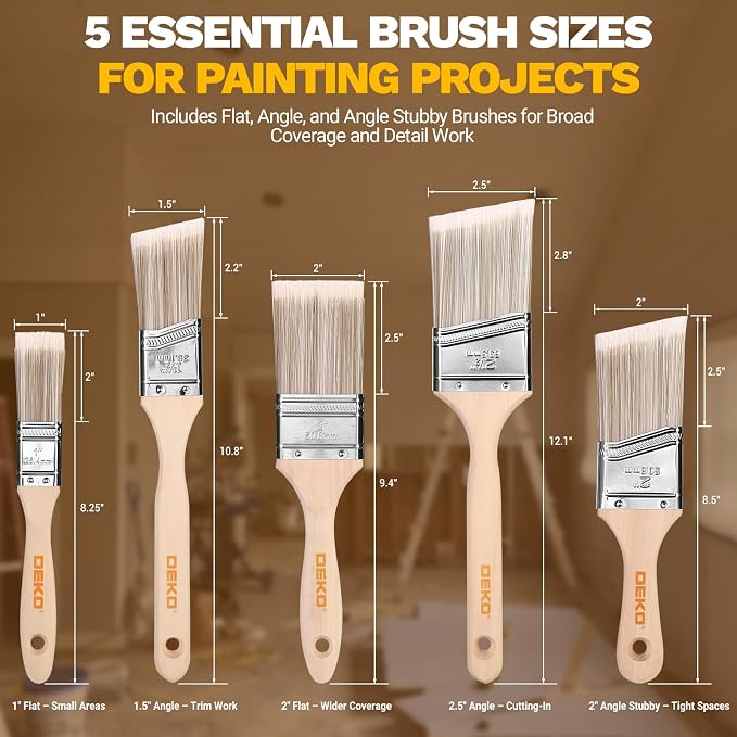 DEKOPRO Paint Brushes, 5-Piece Paint Brush Set with Wood Handle, Flat & Angle Paint Brushes for Walls, Trim, Cabinets & Detail Work, Interior & Exterior, Furniture, Latex and Oil Paints, Stains