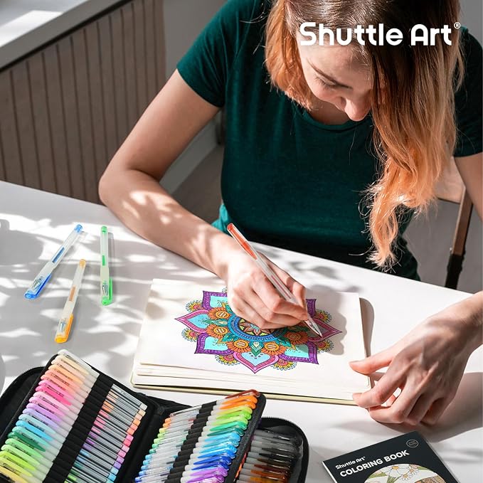 Shuttle Art Gel Pens, 130 Colors Gel Pen with 1 Coloring Book in Travel Case for Adults Coloring Books Drawing Crafts Scrapbooking Journaling